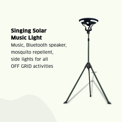 zoppinh TRU De-LIGHT singing music solar LED speaker with tripod, carry bag, and three detachable multi-mode lights, Bluetooth enabled