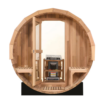 Zoppinh Blisspod Canadian Red Cedar outdoor sauna in Prague with full glass back and two front porch seats for 2-6 persons.
