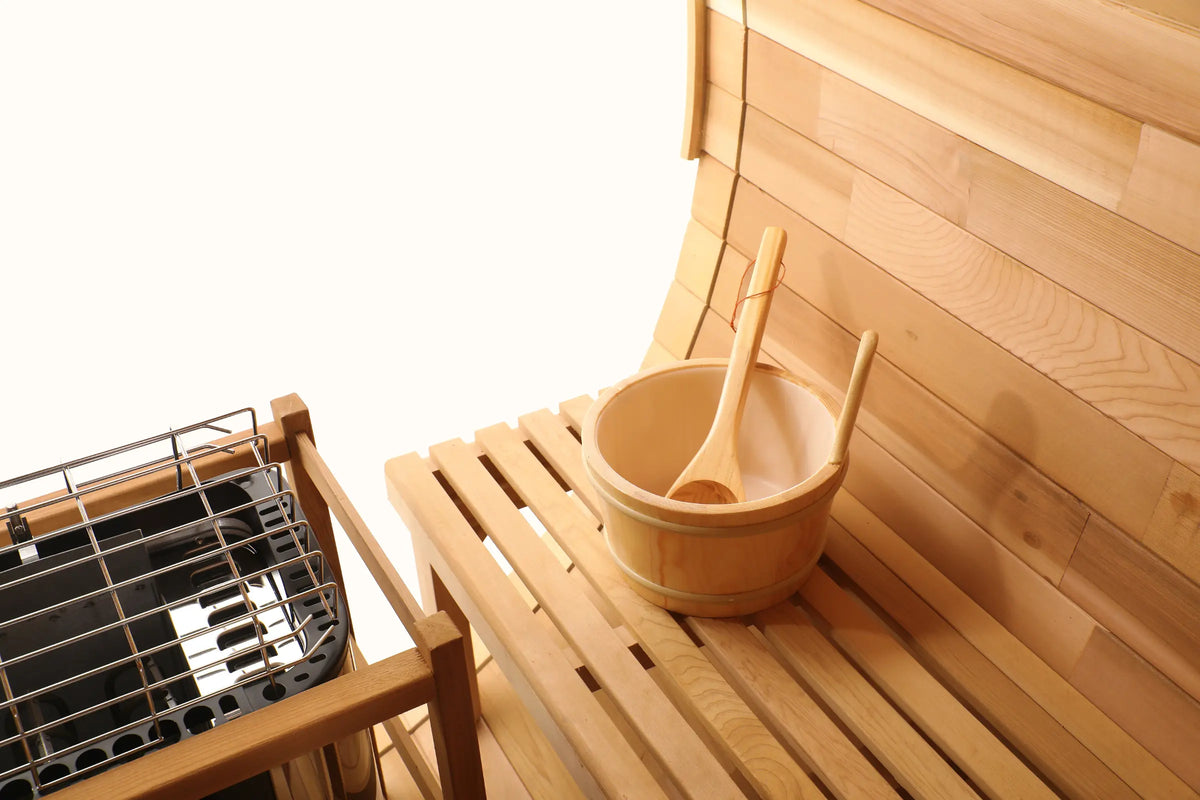 Zoppinh Blisspod Canadian Red Cedar outdoor sauna with full glass back and two front porch seats, designed for 2-6 persons.