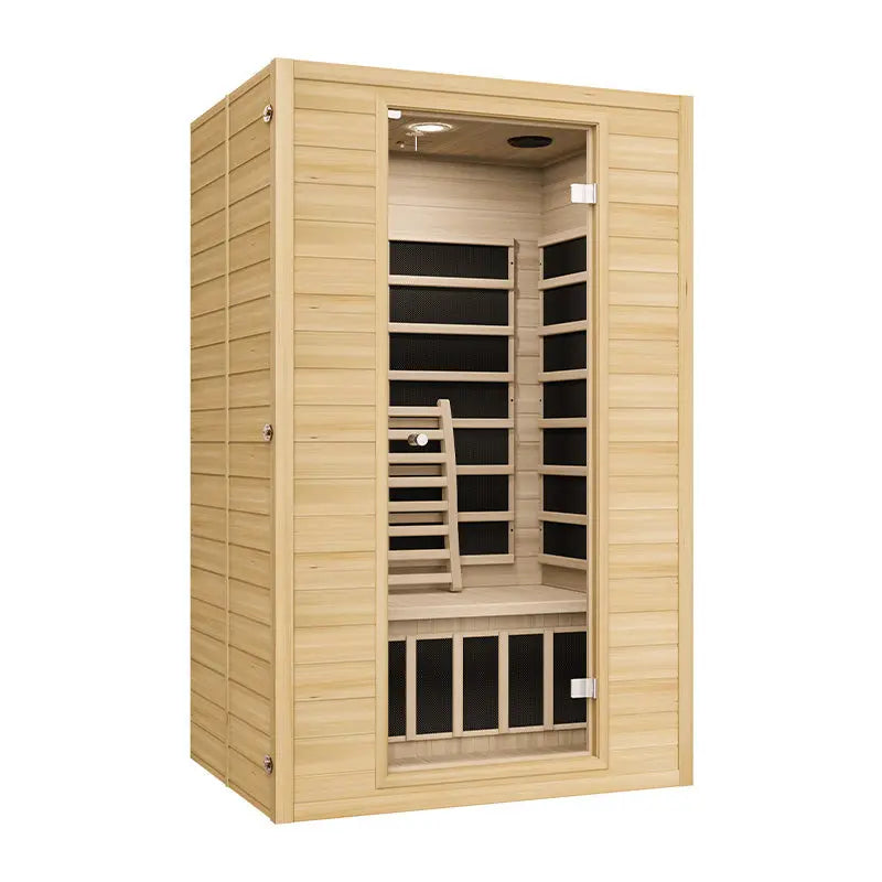 Zoppinh Blisspod Vienna two-person infrared sauna made of Canadian Hemlock with four heaters and low EMF for relaxing heat therapy.