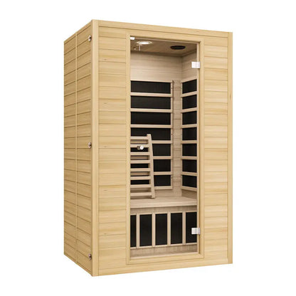 Zoppinh Blisspod Vienna two-person infrared sauna made of Canadian Hemlock with four heaters and low EMF for relaxing heat therapy.