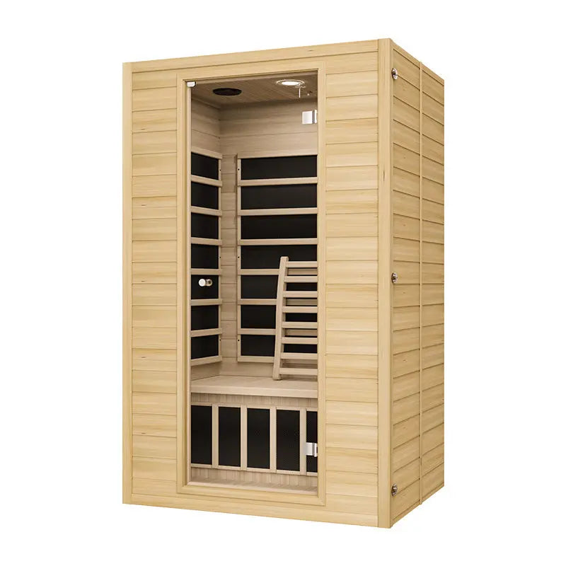 Zoppinh Blisspod Vienna infrared sauna for 2 persons with Canadian Hemlock wood, four heaters, and low EMF design.