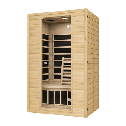 Zoppinh Blisspod Vienna infrared sauna for 2 persons with Canadian Hemlock wood, four heaters, and low EMF design.