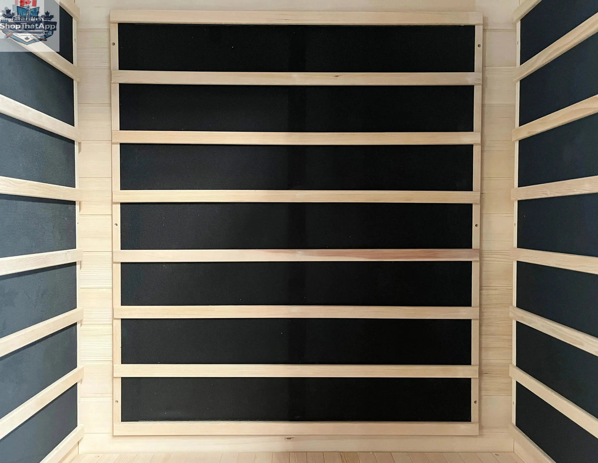 Zoppinh Blisspod Vienna two-person infrared sauna with Canadian Hemlock wood, four heaters, and low EMF for relaxing heat therapy.