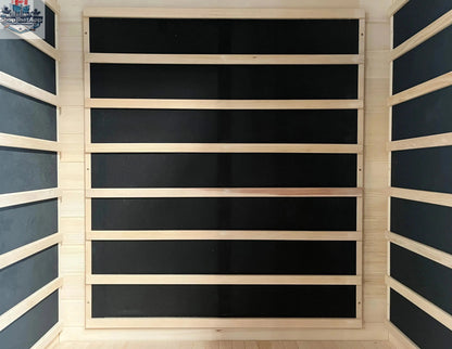Zoppinh Blisspod Vienna two-person infrared sauna with Canadian Hemlock wood, four heaters, and low EMF for relaxing heat therapy.