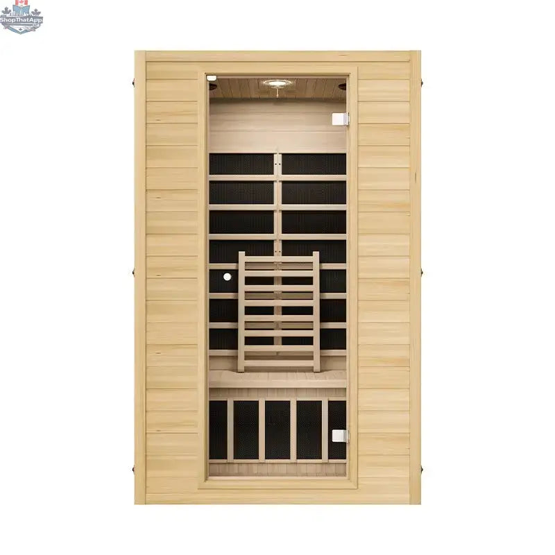 Zoppinh Blisspod Vienna infrared sauna for two with Canadian Hemlock wood, four heaters, low EMF, and spacious design.